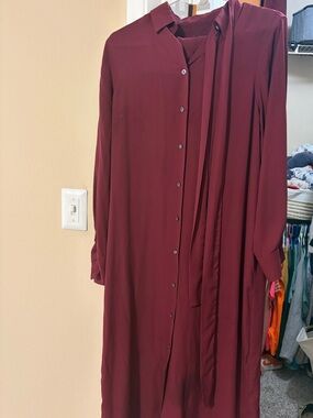 Banana Republic Burgundy Long-Sleeve Button-Front Maxi Dress with Neck Tie